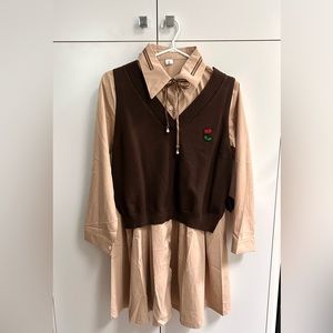 Women’s 2 Piece Collar Button-Up Pleated Dress and Sweater Vest